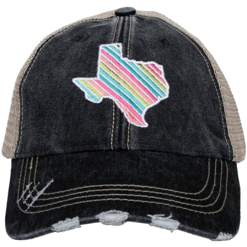 MultiColor Stripe Texas State Embroidered Black Distressed Trucker Hat